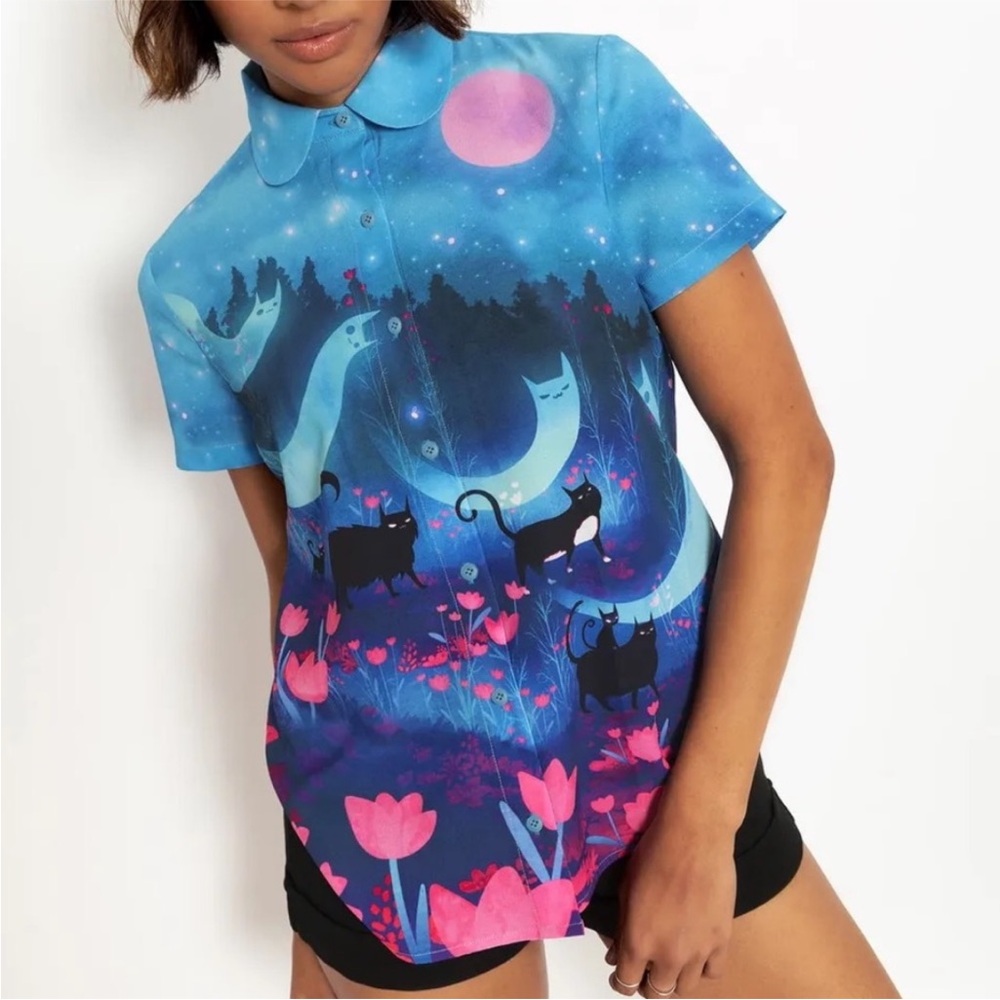 Blackmilk - “Kitty Parade Cute as a Button” shirt - ghost cats